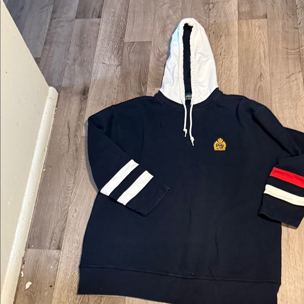 U.S. Polo Assn. Navy Hoodie with White Hood and Red/White Sleeve Stripes